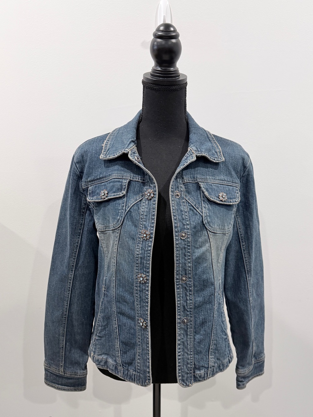 Live a Little Cotton Blend Women's Denim Jacket with Flower Snap Buttons